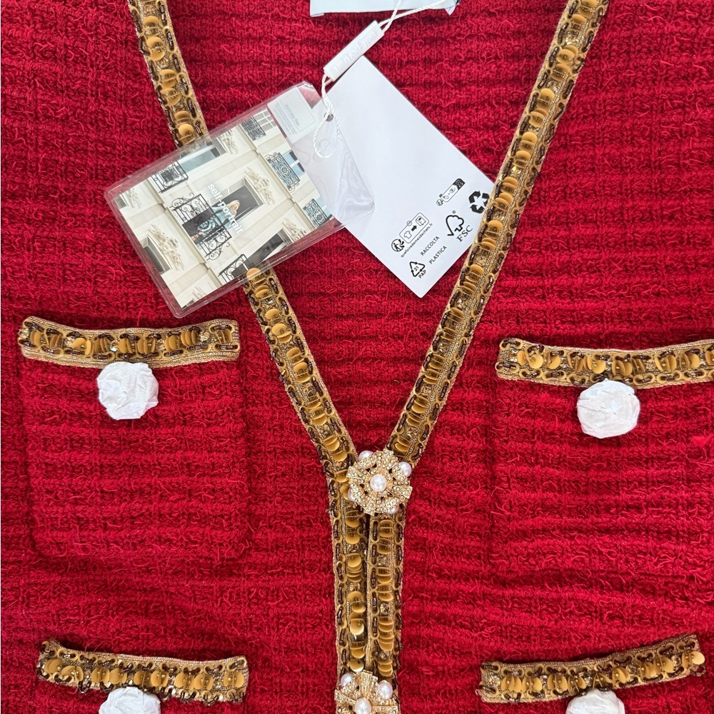 Self-Portrait Crimson Cardigan with Gold Details, new with tags size small - Picture 7 of 7